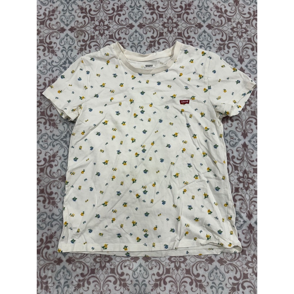 Levis Womens Small White Floral Print Short Sleeve Crew Neck Graphic T-Shirt